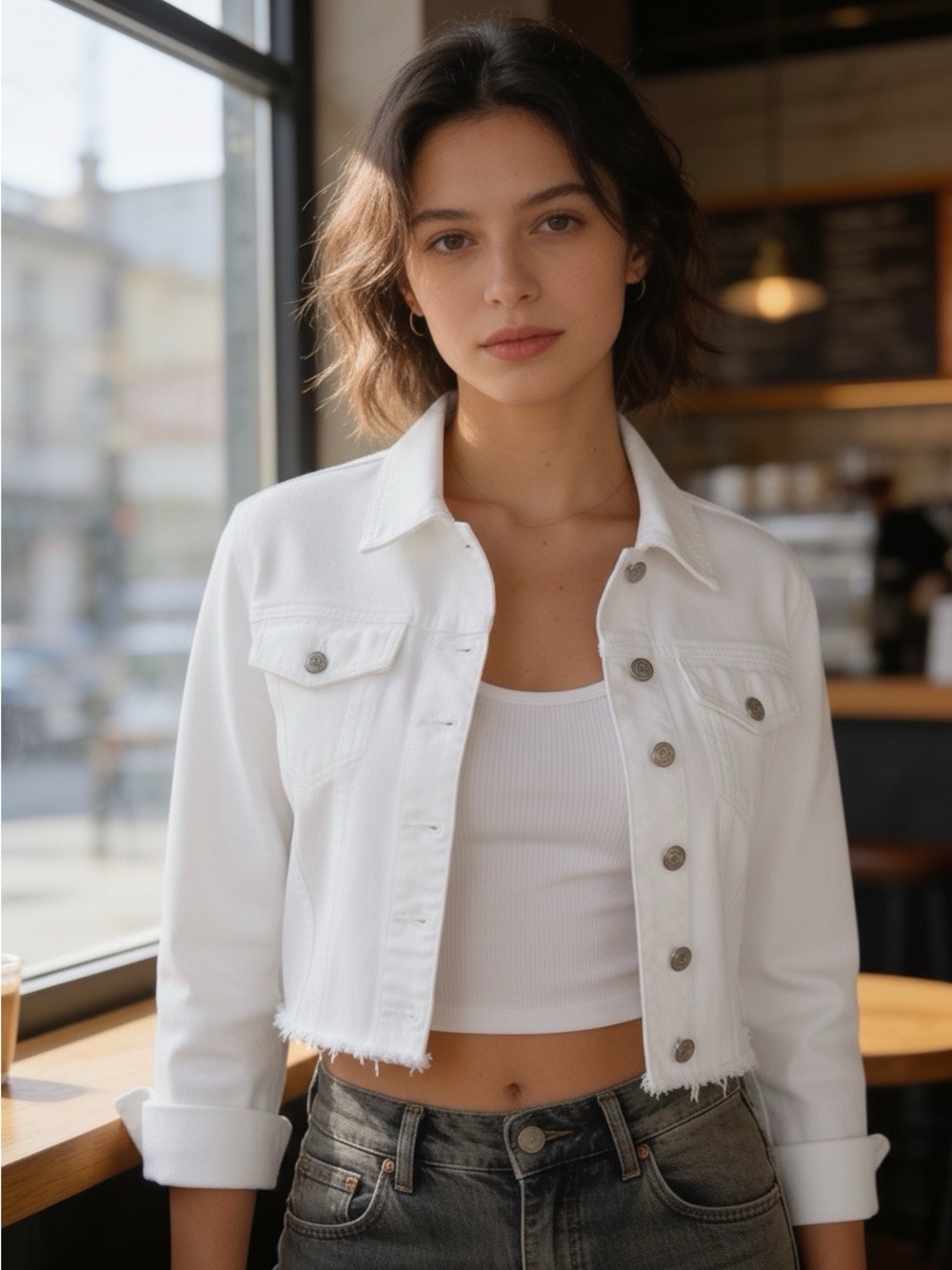 Express White Cropped Denim Jacket with Button Front